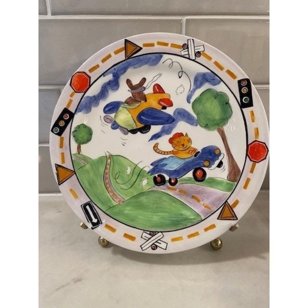 Mesa International Hand Painted Ceramic Plate Cat in Car Dog in Plane Whimsical
